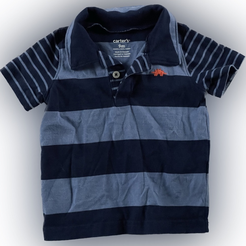 Carter’s Blue Striped Short Sleeve Polo 9 Months Orange Dinosaur Embroidered